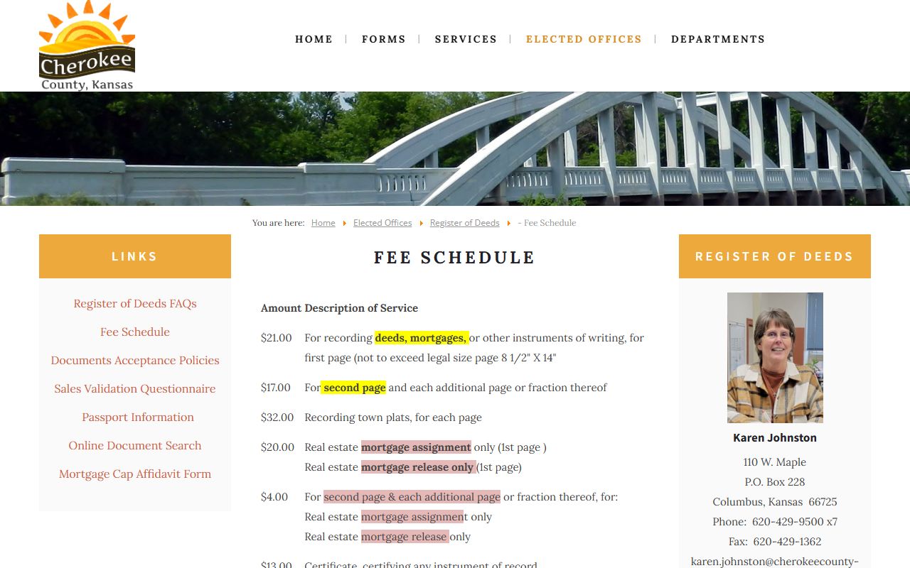 Cherokee County Clerk of the District Court records Register of Deeds fee schedule