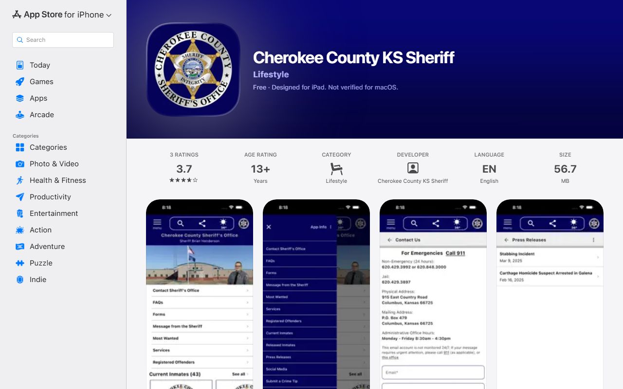 Cherokee County court dockets Apple sheriff app listing