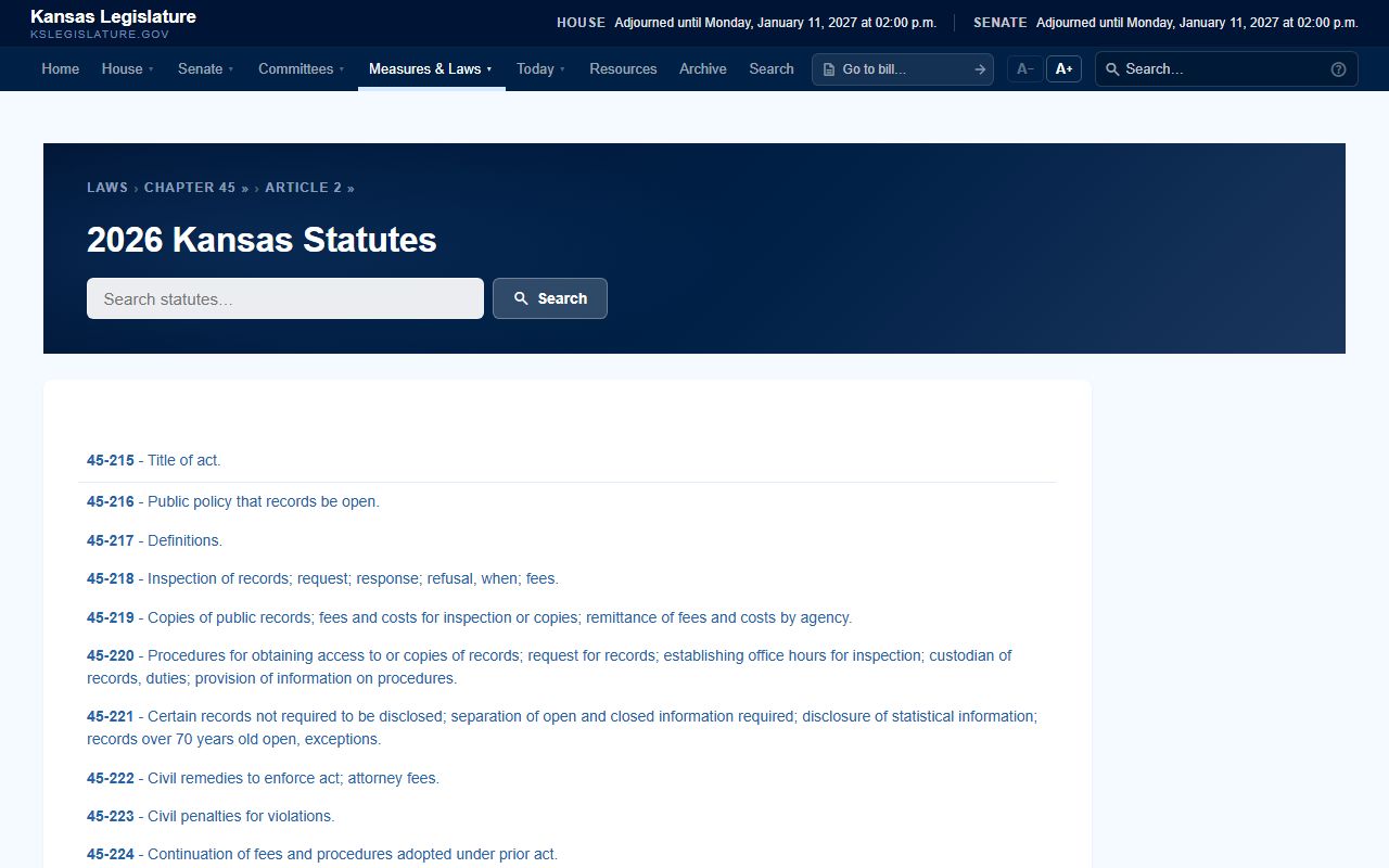 Cherokee County District Court Kansas Open Records Act chapter index