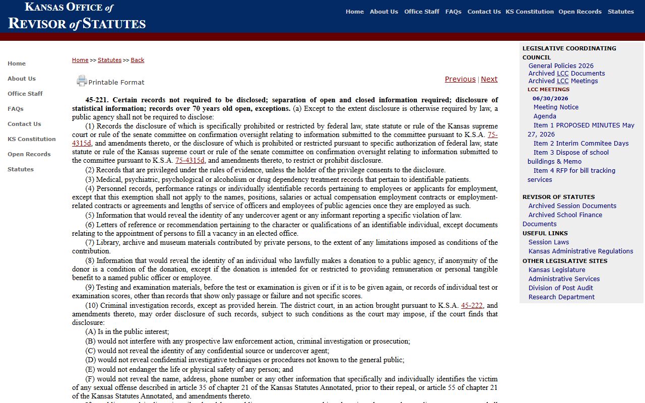 Cherokee County District Court Kansas disclosure exceptions statute