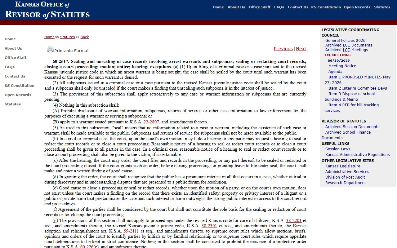 Cherokee County District Court Kansas warrant sealing statute