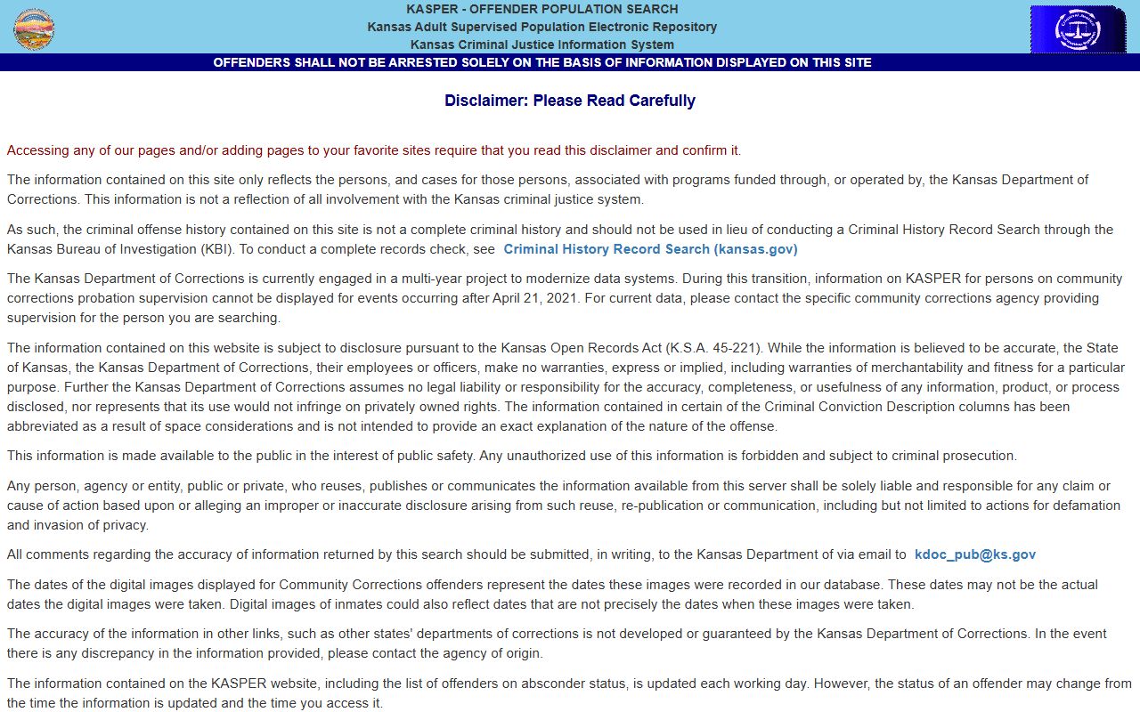 Cherokee County inmate records KDOC KASPER disclaimer