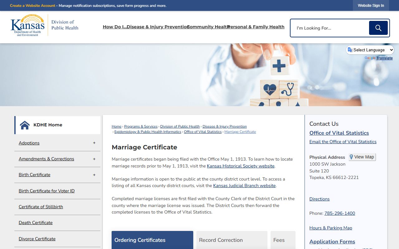 Cherokee County marriage records KDHE marriage certificate ordering page