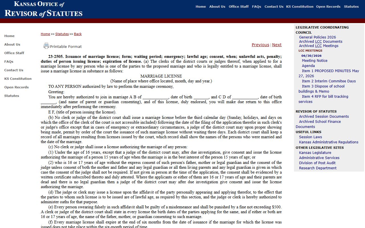 Cherokee County marriage records Kansas marriage license statute