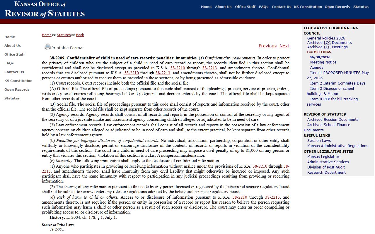Cherokee County probate records Kansas child in need of care confidentiality statute